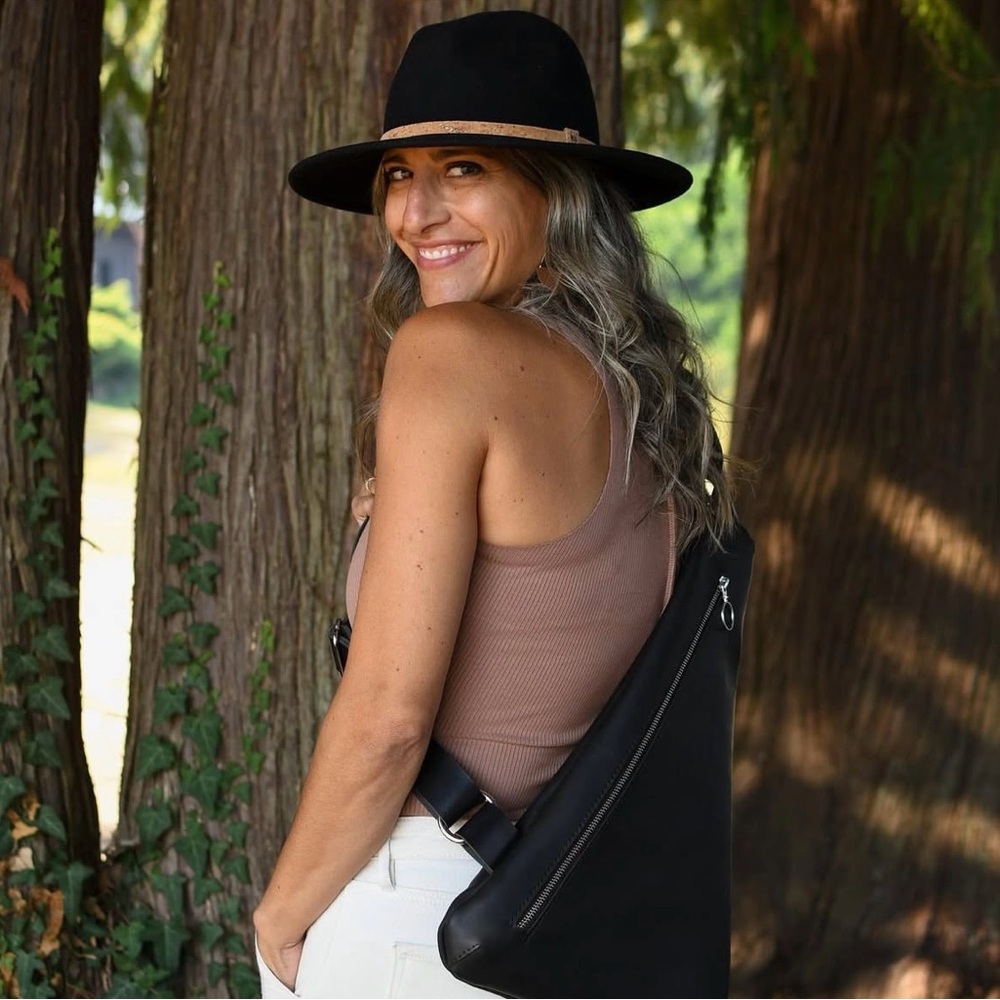 Triangle Sling Bag - Black Leather Moss Bag Brand Handcrafted by Julie Simon